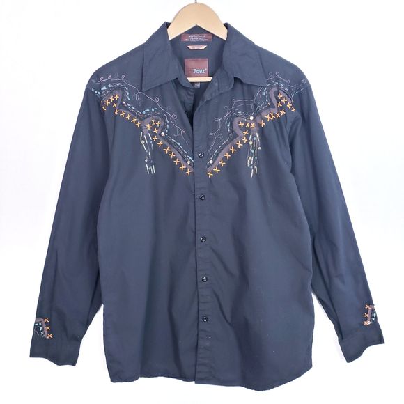 Roar Men's Black Embroidered Shirt Size L - Picture 1 of 6